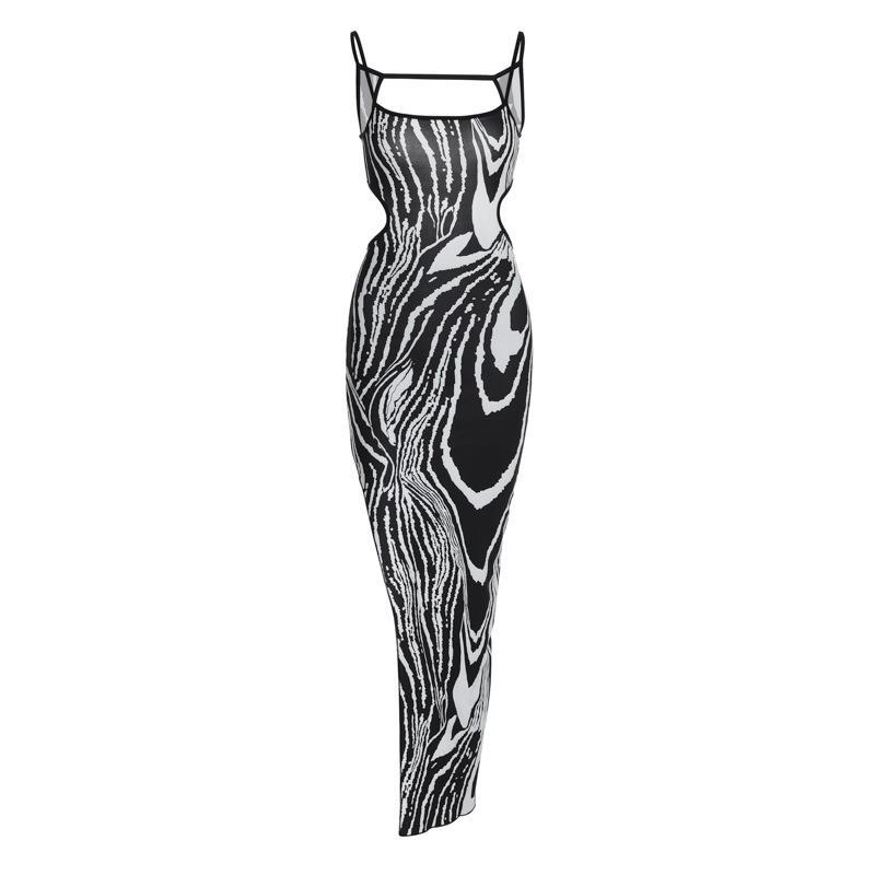 New Women'S Clothing Autumn New Printing Sexy Backless Hollow Split Suspender Dress
