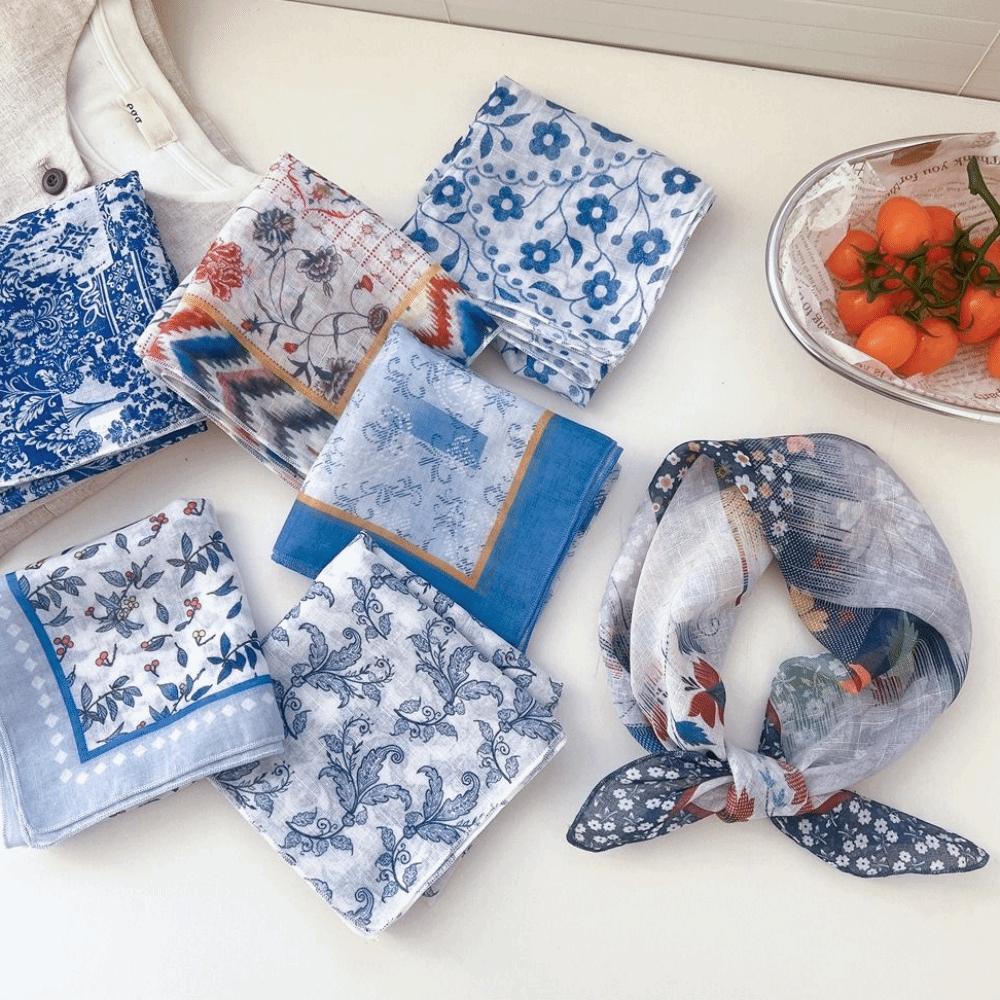 Flower Cotton Linen Print Scarves Floral Printed Silk Scarf Retro Square Handkerchief  Vacation