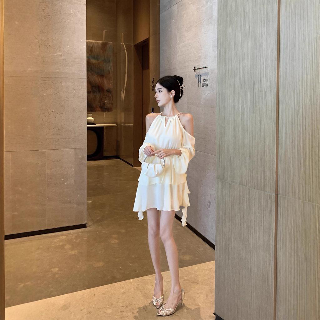 Spring and summer new French off-the-shoulder chiffon dress loose and thin ruffle edge elegant versatile fairy dress