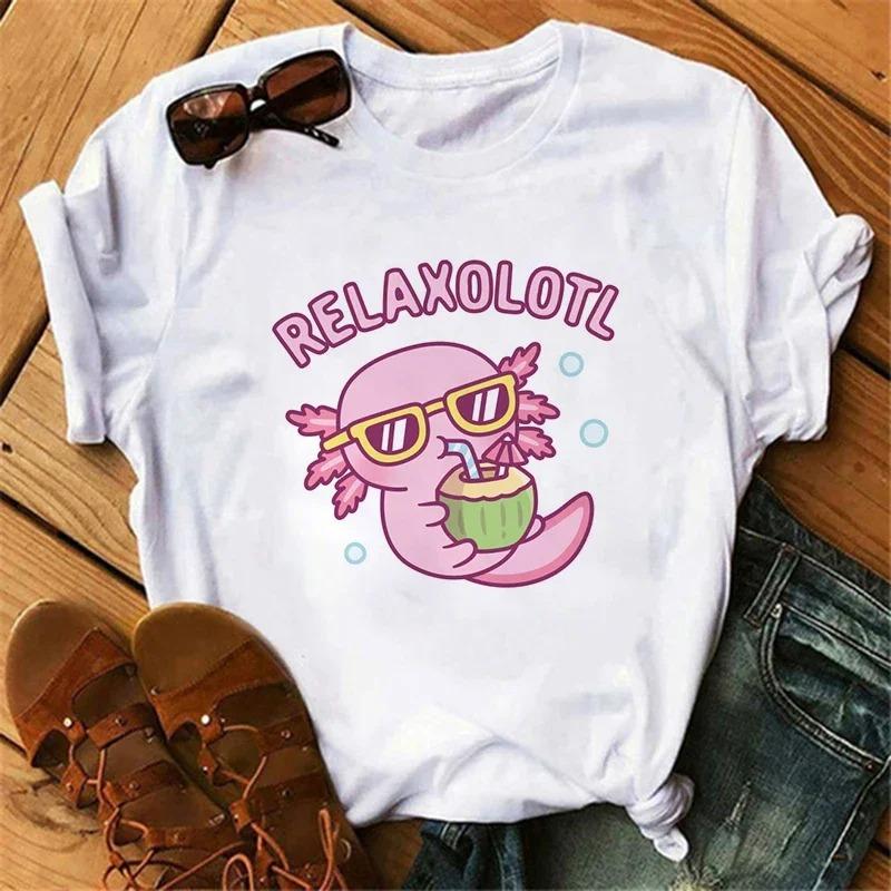Funny Axolotl T Shirt Women Relaxolotl Kawaii Short Sleeve T-shirt Women's Clothing Summer Tops Y2k Casual Cartoon Graphic Tee