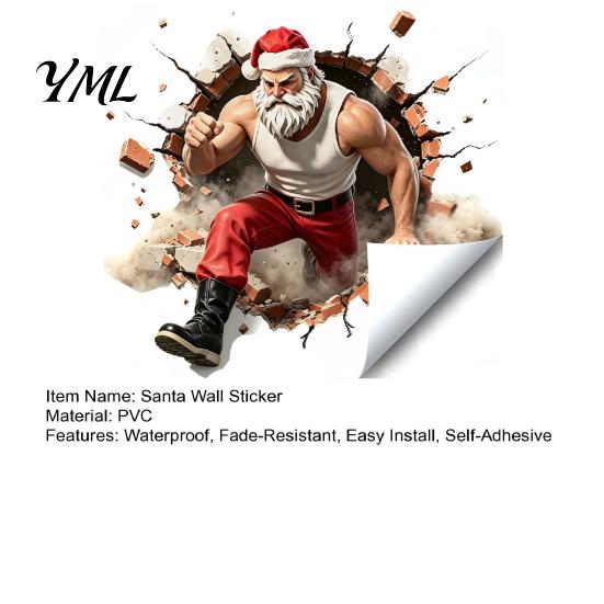 Seasonal Window Decorations Muscle Santa Claus Break Through Wall Christmas Decal, 3D Cracked Brick Gift for Friends Self?Adhesive Sticker,