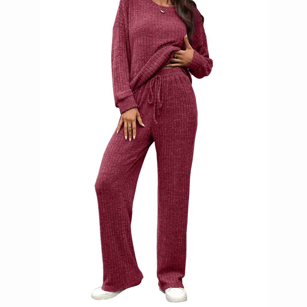 New Round-neck Knitted Long-sleeved, Brushed Casual Long-sleeved and Long Pants Home Wear Set