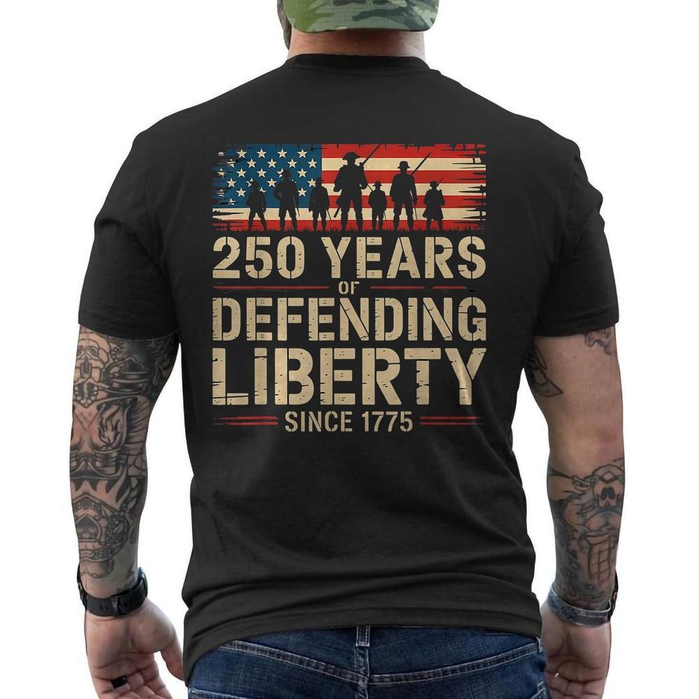 

Patriotic 250th Anniversary USA Army US Military American Flag T-Shirt ON BACK 3XL