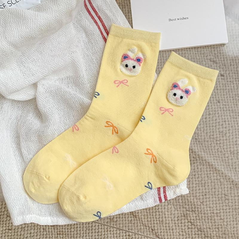 Cute Female Cartoon Mid-calf Socks for Women, Plush Bear Polka Dot Sweet Boneless Women's Socks