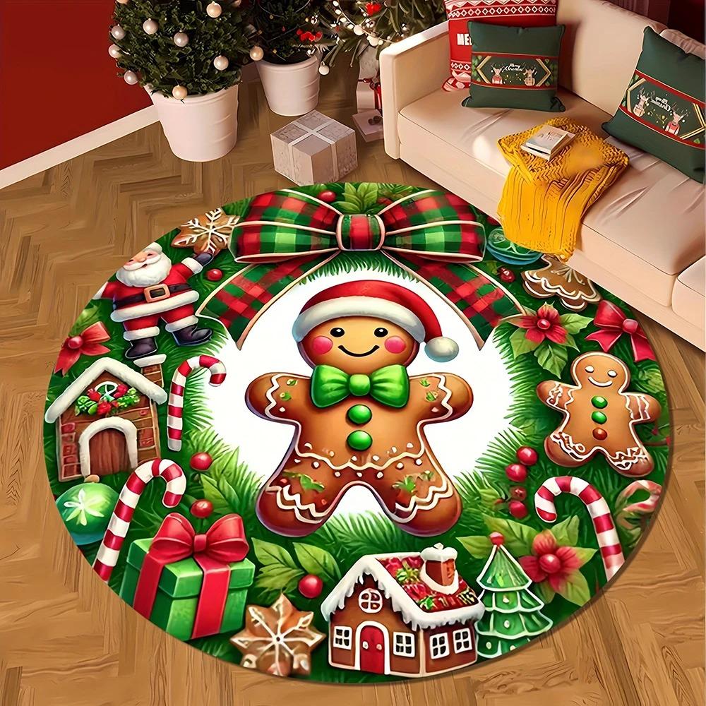 Ein verträumter runder Weihnachtsteppich, dekoriert mit Schneeszenen, Hütten- und Weihnachtsmannmotiven. Perfekt für Schlafzimmer und Neujahrs-Heimdekoration.