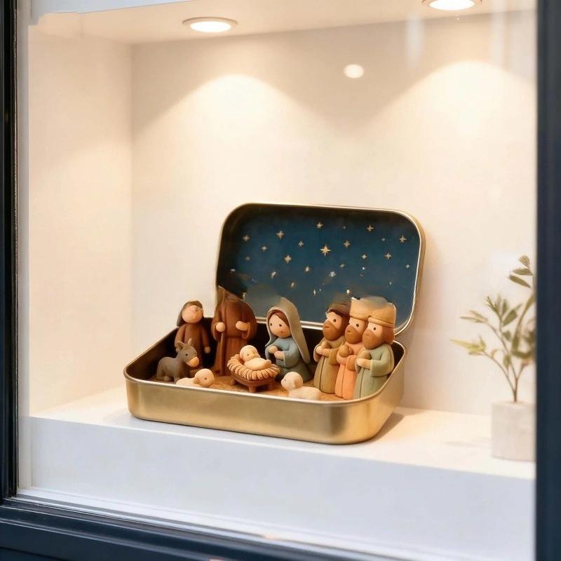 Mini Christmas Trough Scene Iron Box, Mini Christmas Nativity Set In Tin Box