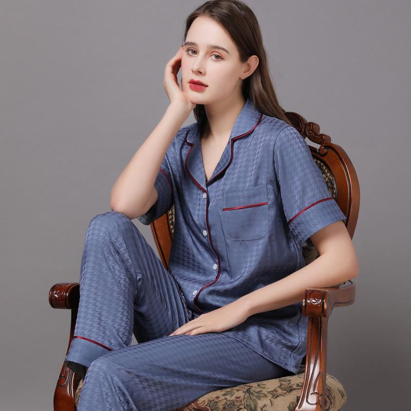 2022 Summer Ice Silk Couple Pajamas Set - Short Sleeve & Long Pants for Men & Women