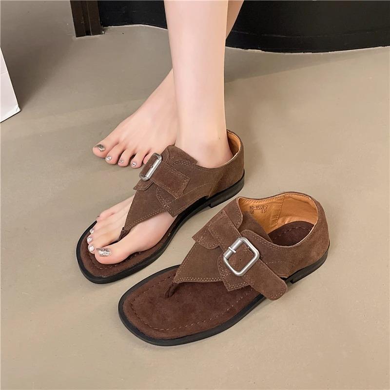 Fashion 2025 Newest Summer Retro Genuine Leather Thongs Buckle-Strap Woman Gladiator Sandals Mules Flip-Flops Beach Shoes Botas Mujer