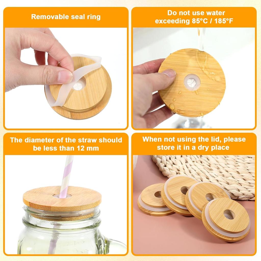 Bamboo Lids for Glass Cups with Straw Hole Reble Wooden Cup Lids Replacment Wood Lid Cover for Mason Jar Regular Mouth Beer Glasses Drinking Jars