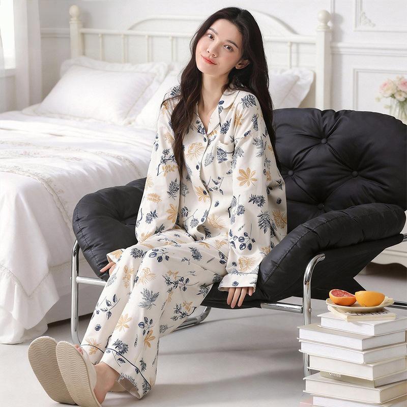 High-end flower imitation cotton pajamas women's spring and autumn thin long-sleeved trousers women's loungewear suit can be worn outside