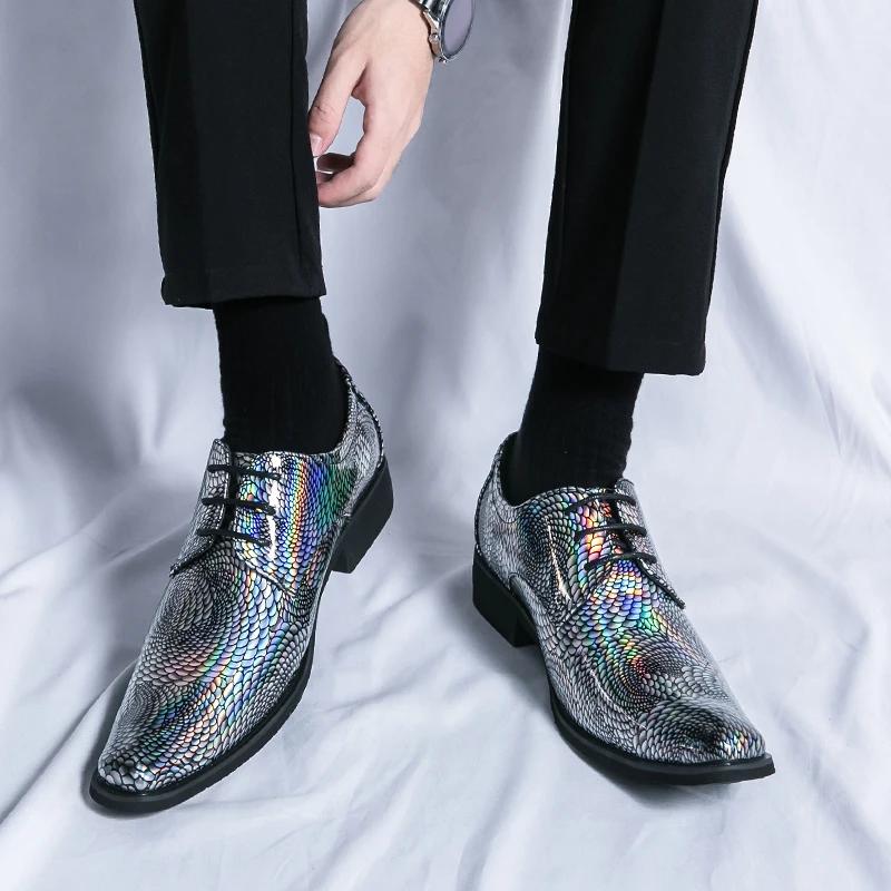 New Men Bright PU Printing Fashion Shoes Low Top Business British Casual Shoes Lace Up Classic Large Sizes 38-47 Men's Shoes