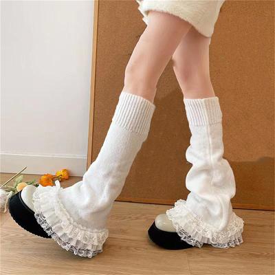 Xingqing Lolita Leg Warmers Kawaii Aesthetic Women Harajuku Solid Color Ruffled Lace Patchwork Calf Socks Flare High Stockings