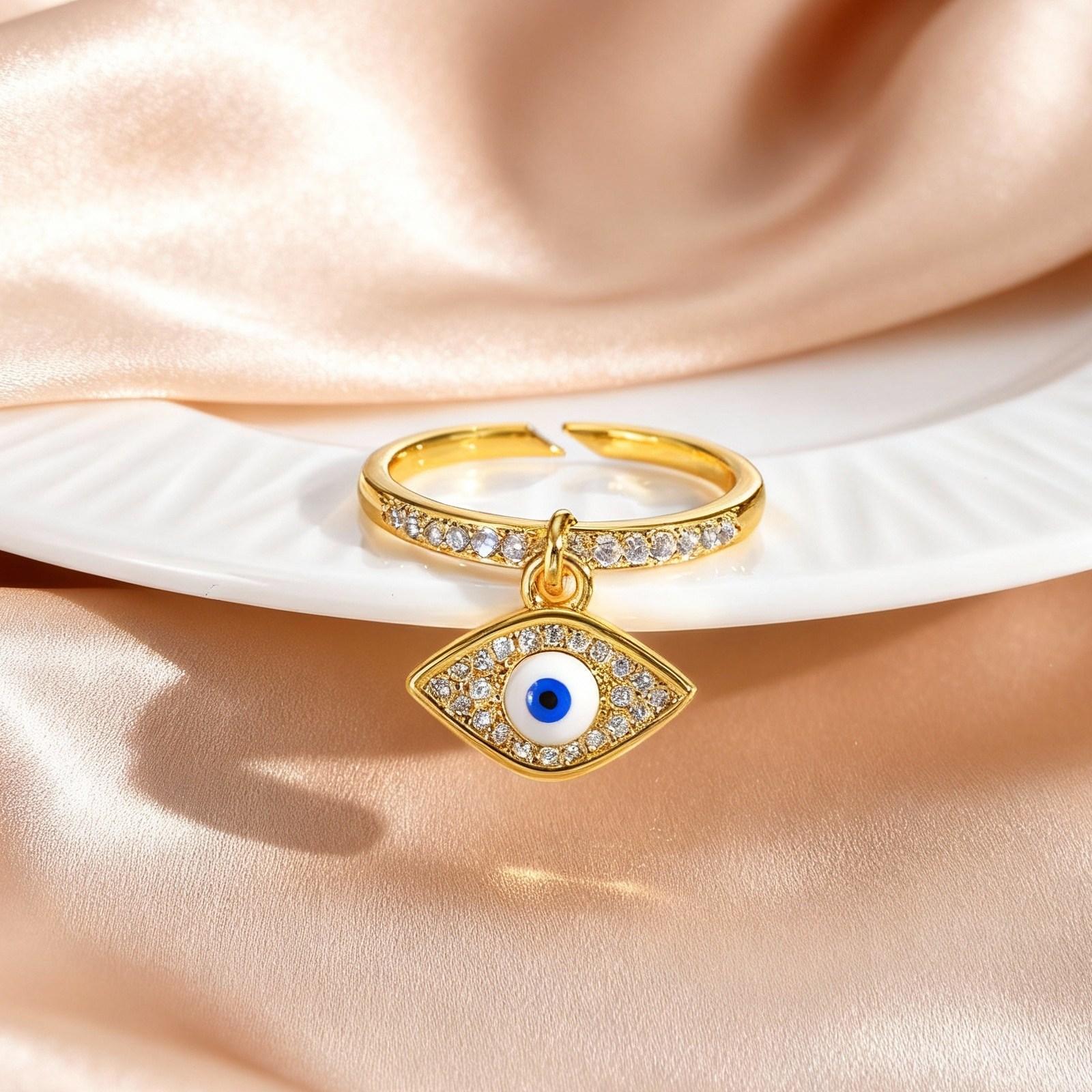 Retro Turkish Evil Blue Eye Pendant Ring for Women Fashion Gold Color Adjustable Zircon Ring High Quality Dainty Jewelry Gifts