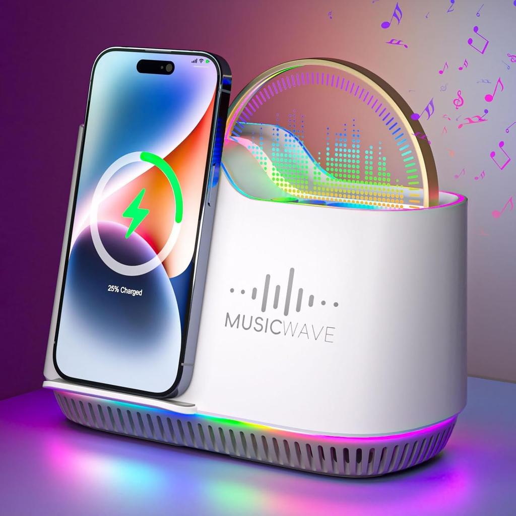 Night Light Bluetooth Speaker with Lights, 15W Wireless Charger Stand Phone Holder,Rechargeable LED Music Lamp Touch Control Color Changing Lights,