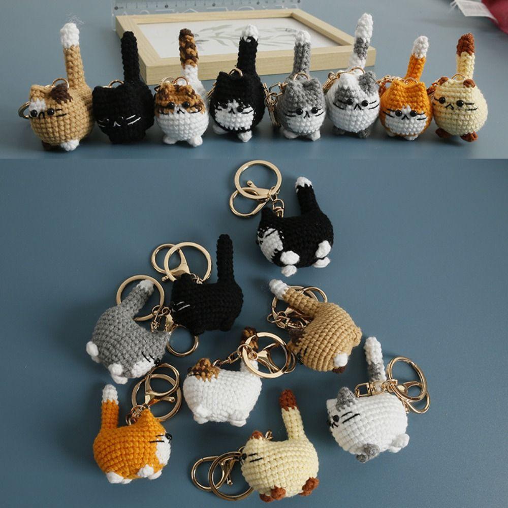 Handmaking Crochet Kitten Keyrings Animal Cat Key Chain Creative Handwoven Cat Pendant Bag Decor