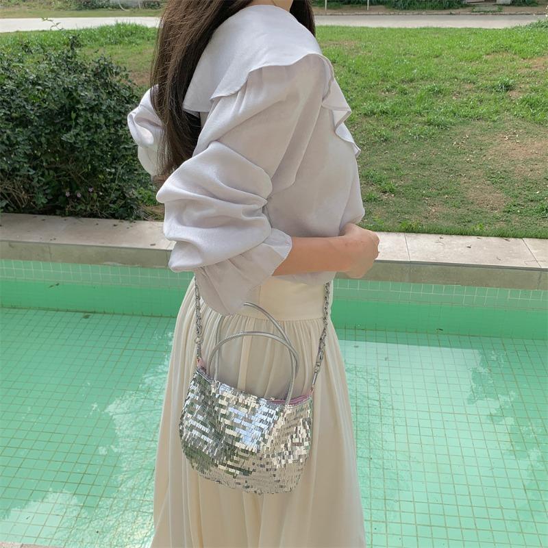 31 New popular glitter powder with silver sequins niche large-capacity commuting shoulder canvas bag handbag