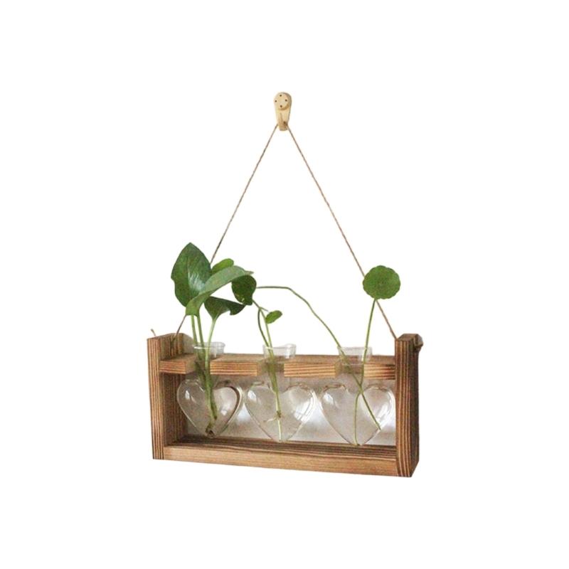 Modern Heart Shape Glass Vases Set With Wooden Frame Suitable For Hydroponic Plant Florals Displays And Home Styling