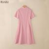 ZANZEA Vestido feminino casual gola virada para baixo verão manga curta