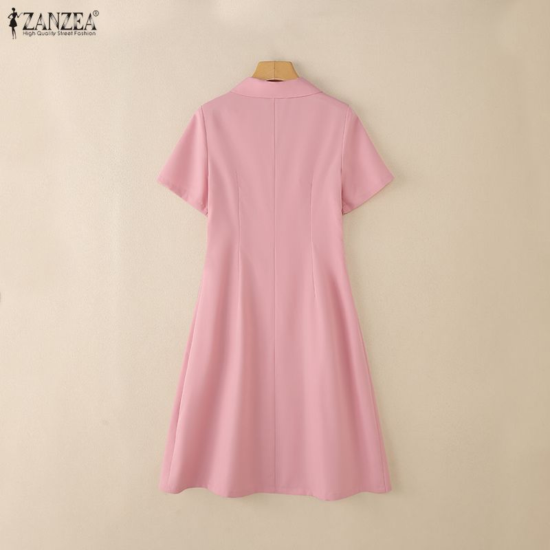 ZANZEA Vestido feminino casual gola virada para baixo verão manga curta