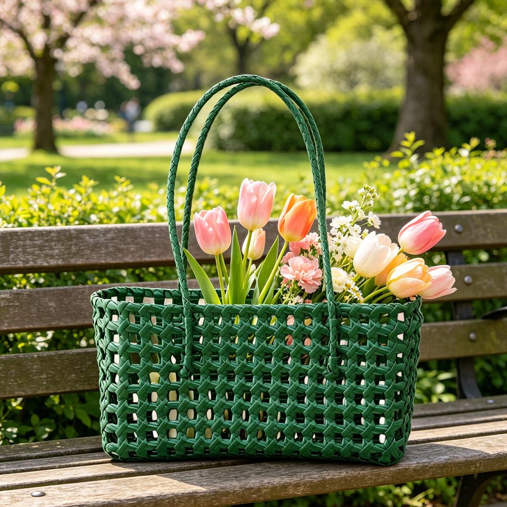 Solid Color Weave Tote Bag with Handle Summer Shoulder Bag Simple Woven Shoulder Bag for Outdoor Fruit Picking Flower Arranging