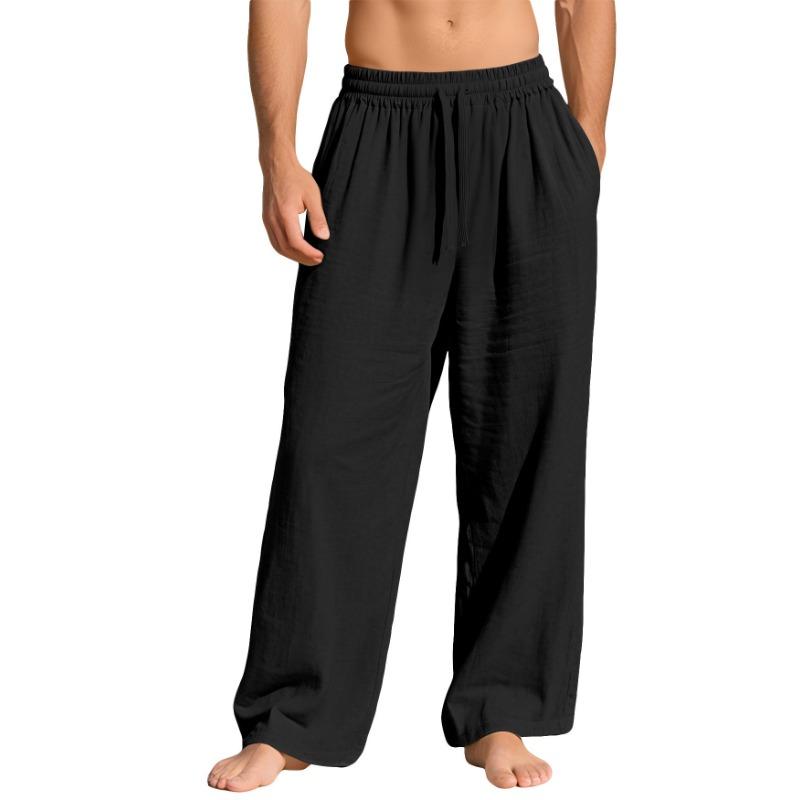 Men Linen Blend Drawstring Waist Wide Leg Casual Pants