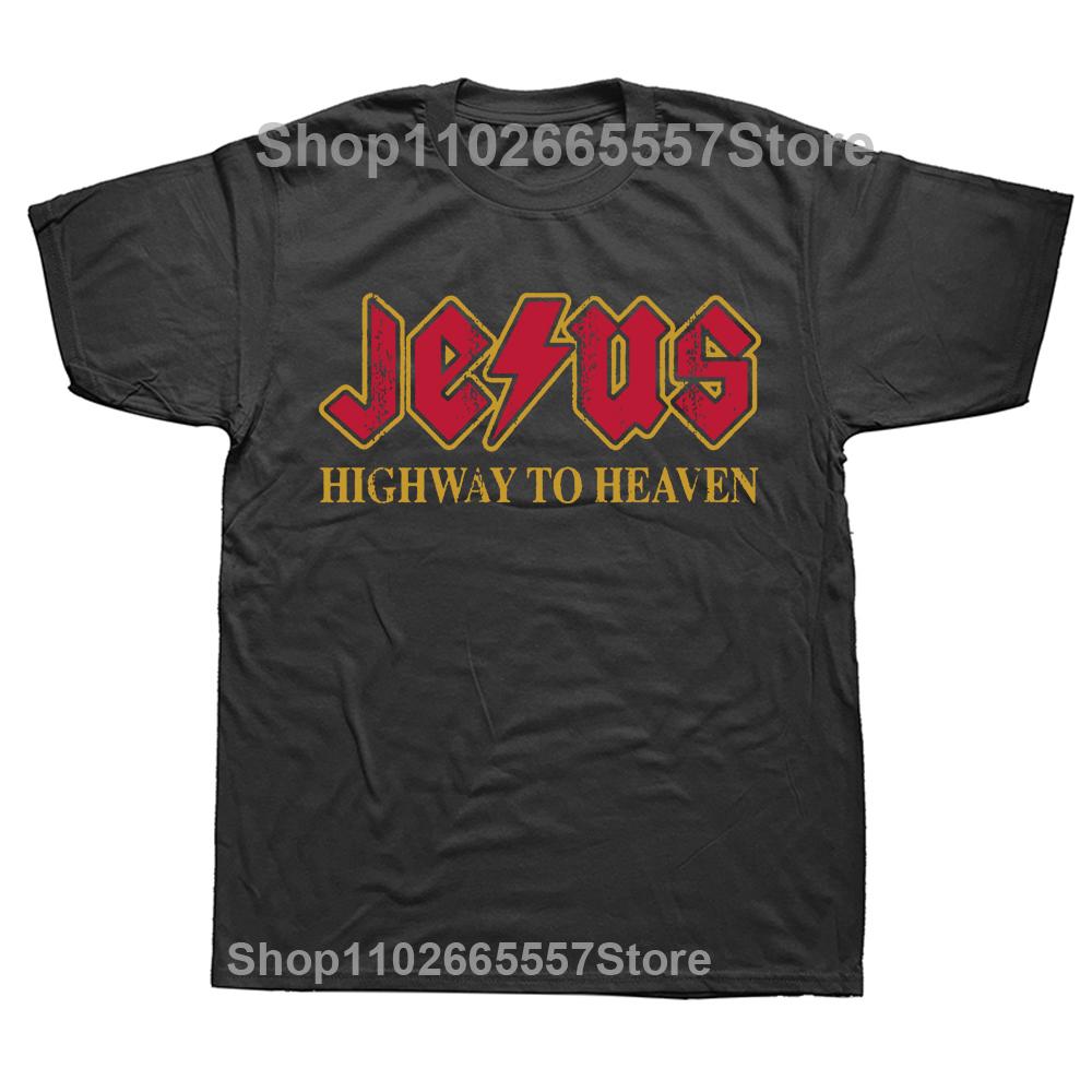 

Vintage Jesus Rocks Highway To Heaven T-Shirts for Men O Neck Cotton T Shirt Christ Christian Religion Tees Printed Clothing XL