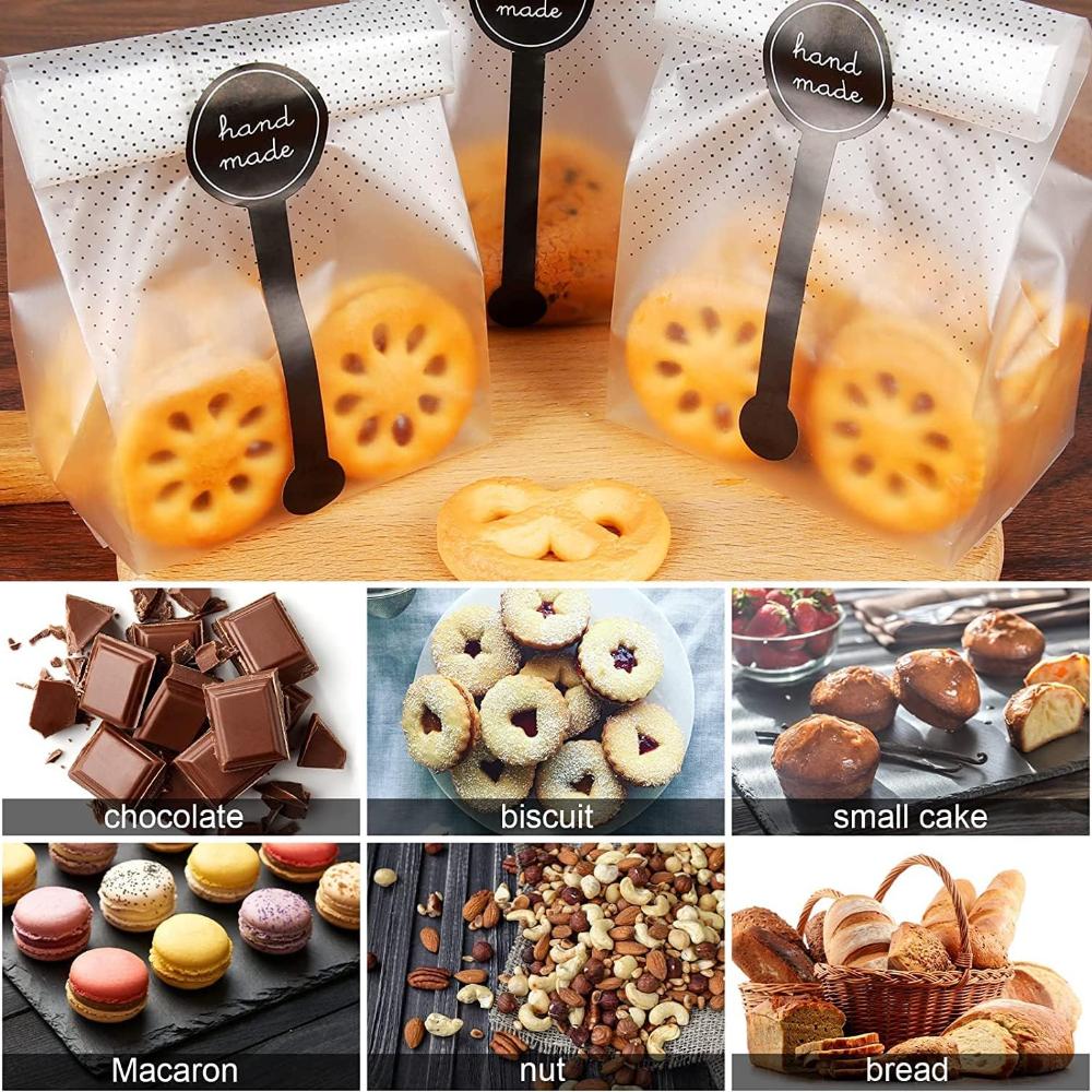 Cake Bags, Sterneer 100 Pcs Transparent Plastic Bags with Stickers, Dessert Food Packaging Bags, Cellophane Pastry Processing Bags, Candy Bags Bakery