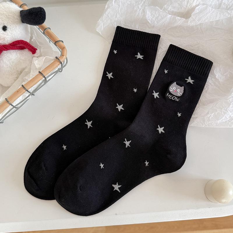Cartoon Cat Embroidered Women s Mid-Calf Cotton Socks - Trendy, Breathable, Versatile White Ruffle Design One Size