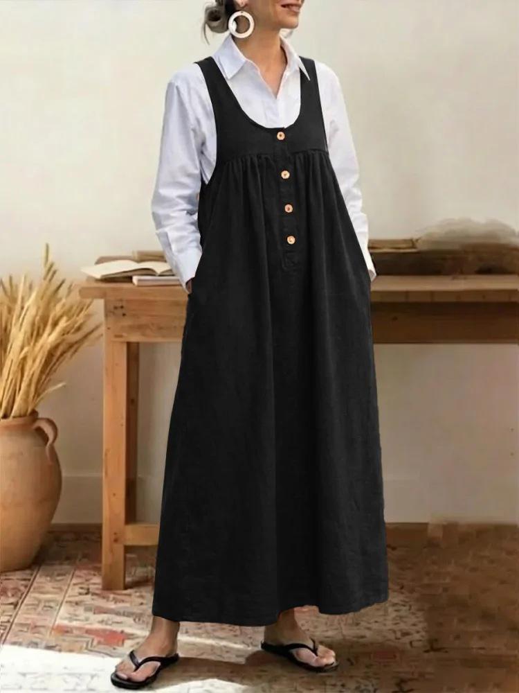 2026 Solid Color Sleeveless Button Strap Dress - Loose, Casual Style for Europe & America