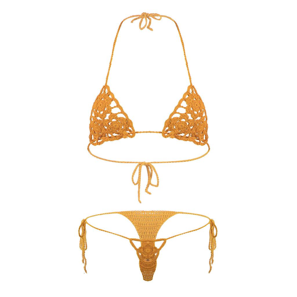 Damen Blumig Handgehäkelt Häkeln Dessous Bikini Set Ausgeschnitten Zweiteilig Badeanzug