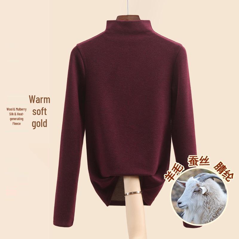 Women's Mulberry Silk Wool Fleece-Lined Warm Base Layer, Mid-High Neck, Autumn/Winter 2025 Collection