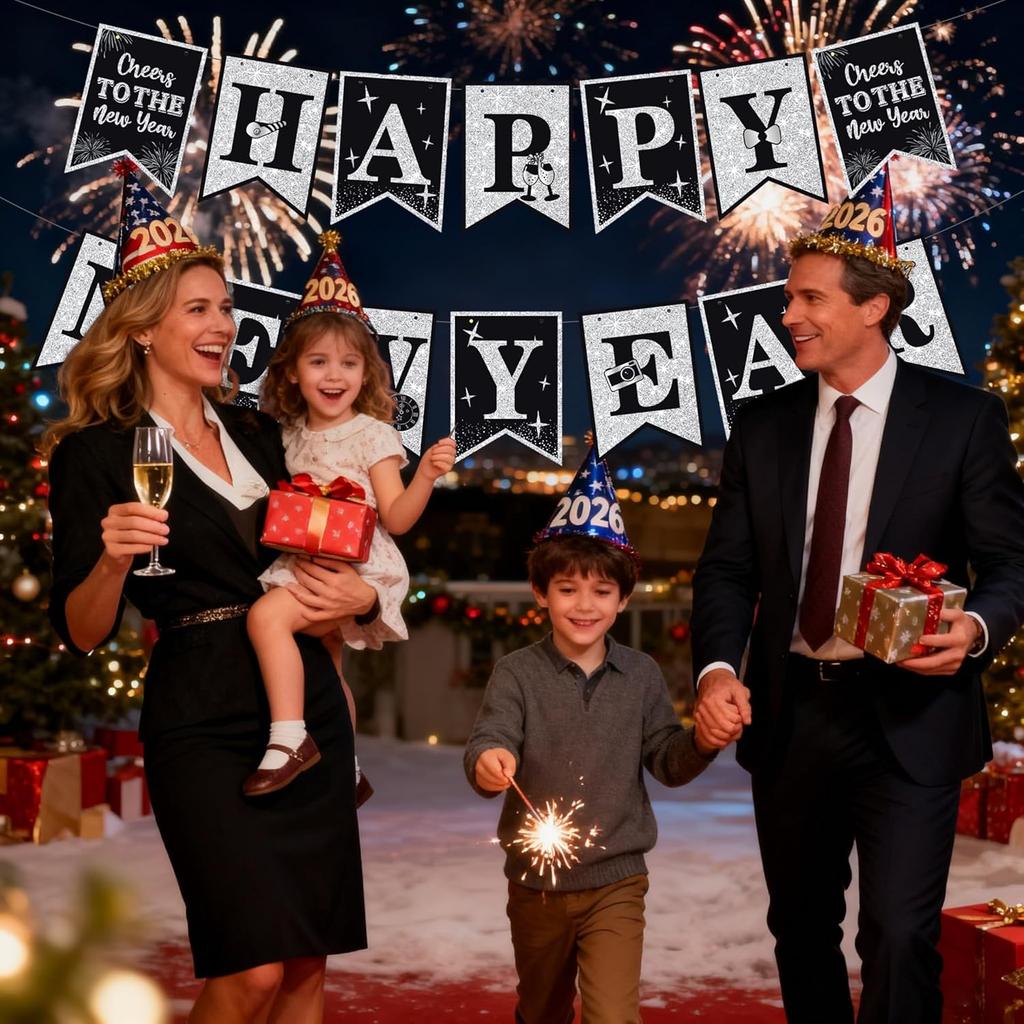 Happy New Year Decorations Hello 2026 Black Silver New Year’s Eve Banner Pre-Strung 2026 NYE Party Backdrop Supplies for Home Office School Public