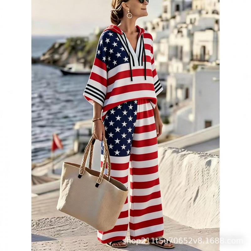 New Spot Women's Star Stripe American Flag Casual Hooded V-Neck Suit Vacation Bohemia