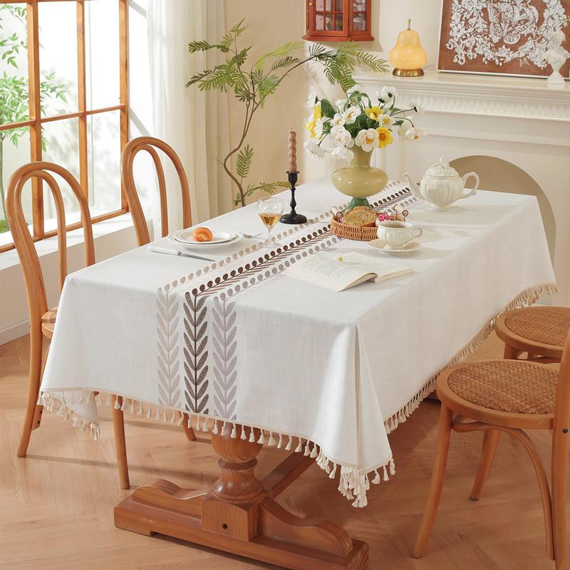 Embroidered Plaid Flower Tassel Tablecloth Rectangular Coffee Table Anti-fouling Decorative Tablecloth Tablecloth