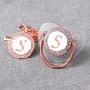 Transparent Rose Gold Letter Baby Pacifier with Diamond Design and Chain Clip