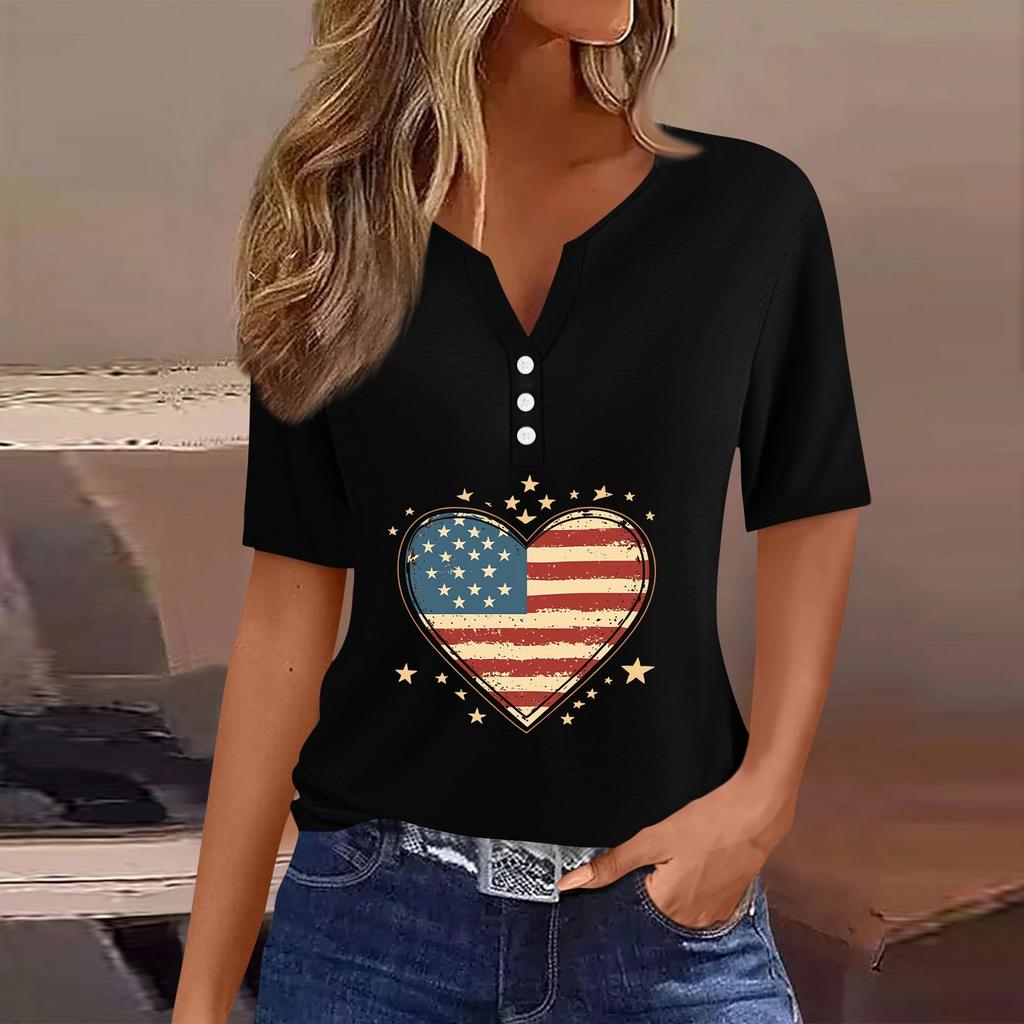 Women's T Shirt Tee Independence Day Print Button Short Sleeve Daily Weekend Fashion Basic V-Neck Regular Top