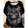 Women’s Summer Casual Loose Fashionable Comfortable 3D Cat Printed T-shirt- Soft Medium Stretch Polyester Fabric Summer Relaxed Fit Clothing