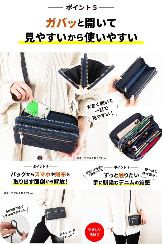 Need Network Women's Wallet Bag, Made In Japan with Denim, Wallet Pouch, Smartphone Pouch, and Shoulder Bag In Indigo Blue