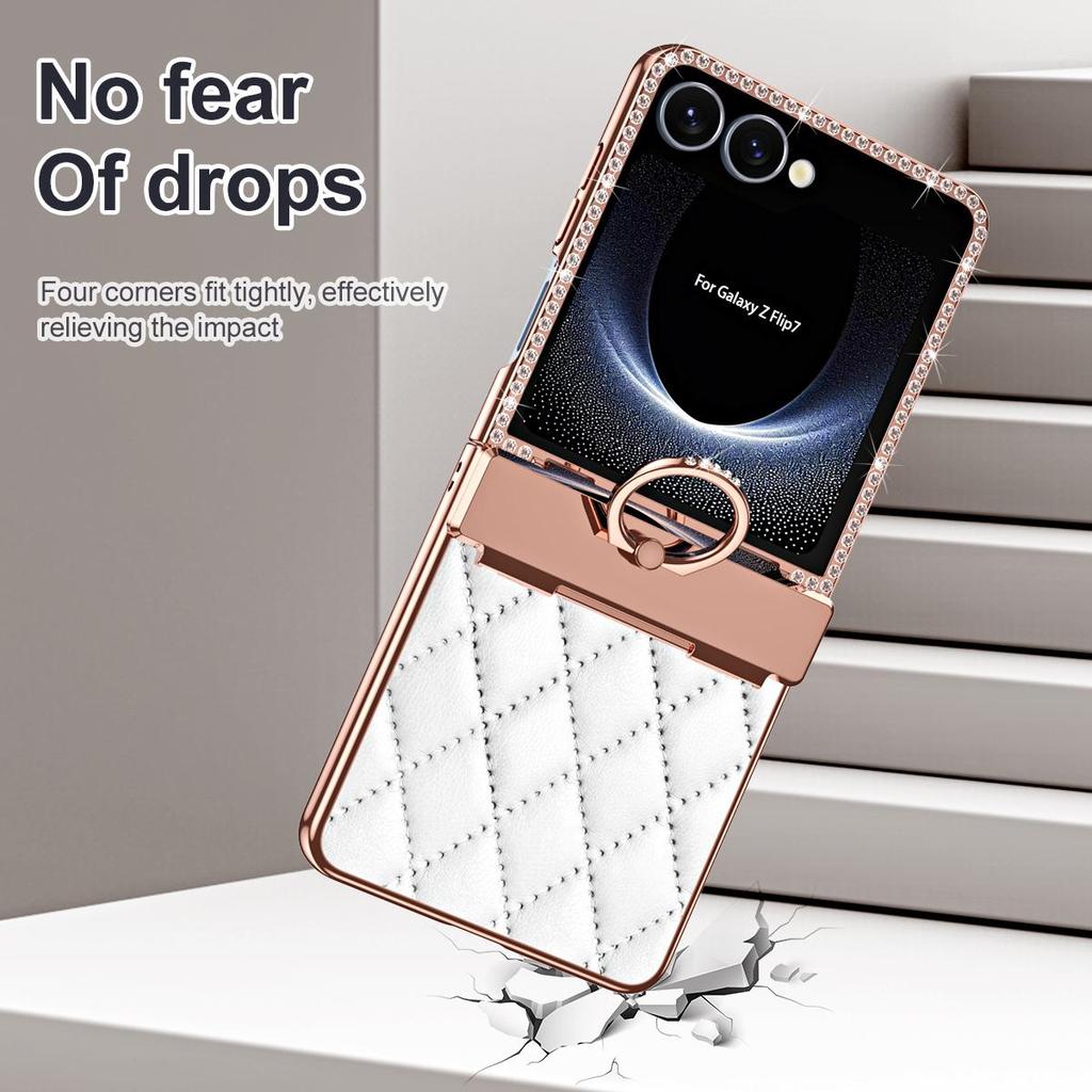 For Samsung Galaxy Z Flip 7 Electroplated Leather Textured Glitter Diamond with Ring Hanging Anti-Fingerprint Phone Case