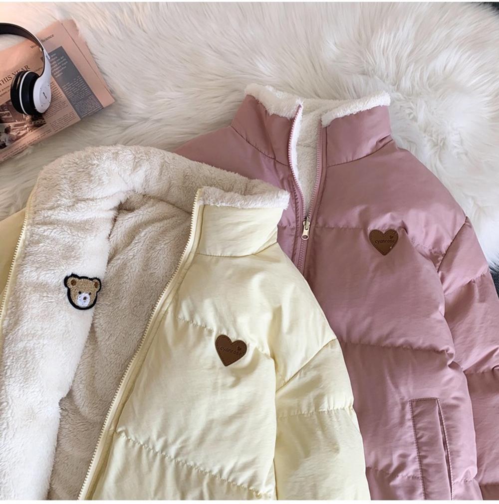Zimowy haftowany płaszcz parkowy Casual śliczny koreański styl dwustronny projekt gruba luźna ciepła kurtka damska zapinana na zamek