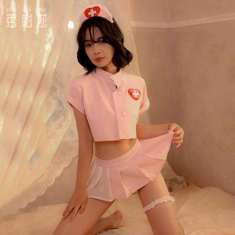 Sexy Dessous-Uniform Verführung Krankenschwester Cosplay Süßes durchsichtiges Oberteil Sexy Faltenrock geteilter Anzug