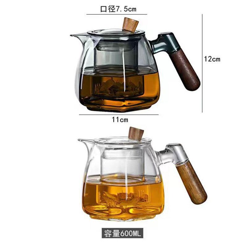 600ml Wooden Handle Hexagonal Glass Teapot with Tea Infsuer Houshold Brewing Tea Pot Tea Ceremony Tea Maker Teaware