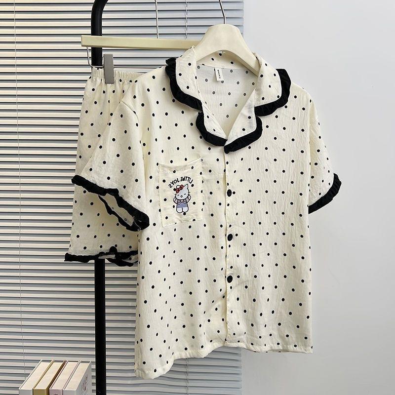

Black polka dot KT cat pajamas summer women s new short-sleeved shorts summer Korean version loungewear suit outer wear s [recommended 35-40kg ]