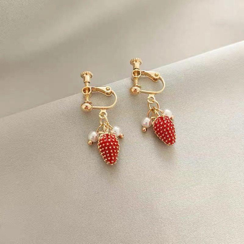 

Temperament Strawberry Red Pearl Cute Mini Sweet No Pierced Earrings Earrings Student Simple Earrings