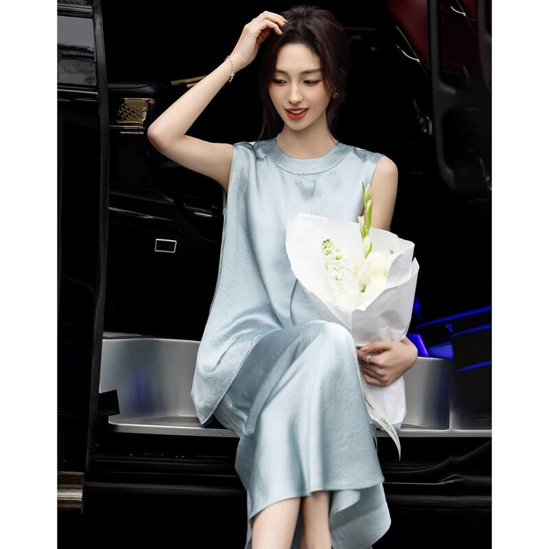 Demana Women's 100% Acetate Sleeveless Top & Satin Skirt Set