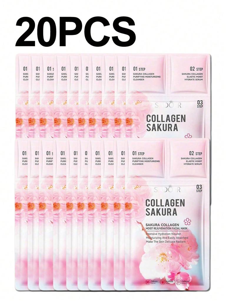 1/3/5/10/20pcs 3-In-1 Face Mask, 3D Contoured Fit Mask, Sakura Collagen Face Mask, Cleanser + Essenc