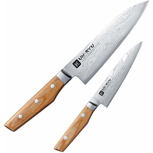 Shimomura Kogyo, Made in Japan, Damascus Unryu Santoku Knife (170mm), Petty Knife (125mm), and Two-Knife Set (170mm), VG-10 33-Layer, Elegant Haze Pat