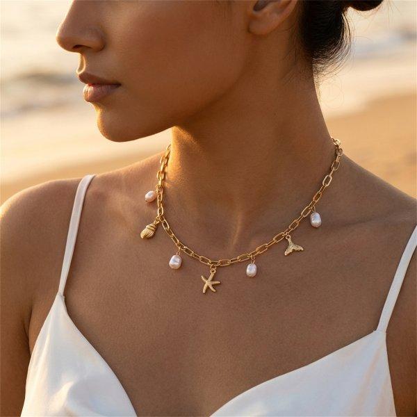 Boho Buntes Muschel Halskette Für Frauen Gold Farbe Seestern Muschel Jakobsmuschel Perlen Anhänger Choker Sommer Strand Urlaub Resort Schmuck