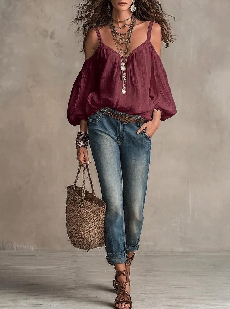 Autumn and winter new European and American women's clothing solid color suspender casual bubble sleeves holiday style top women