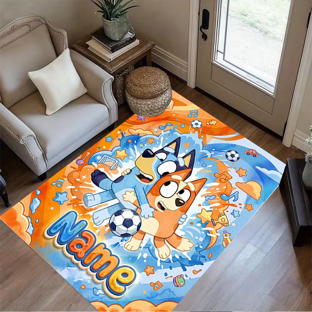 Bluey Soccer Fun Personalized Text Carpet Perfect for Game Room Kitchen Balcony Dining Room Anti-slip Rug Anime Office Decor